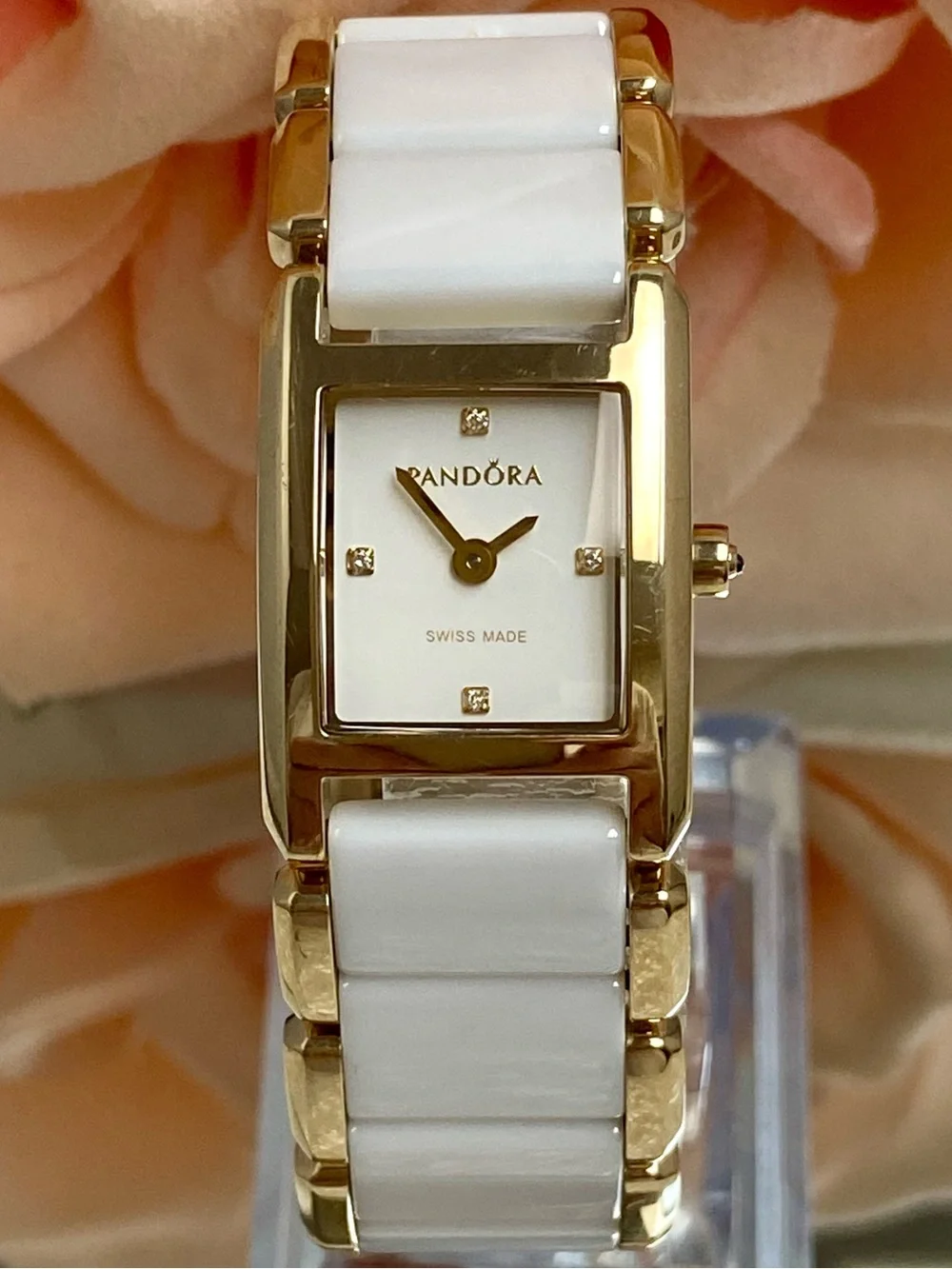 Pandora Retired Facets Diamond Accented Dial Watch Ceramic Link Band Swiss Made